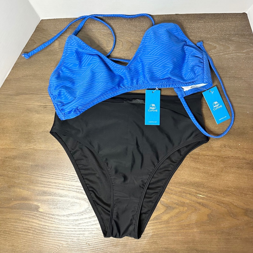 CUPSHE‎ Blue Triangle Bikini Top High Waisted Black Bottom Swimsuit Set BNWT MED